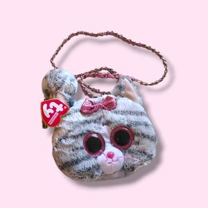 Ty Plush Striped Cat Crossbody Bag with Pink Accents